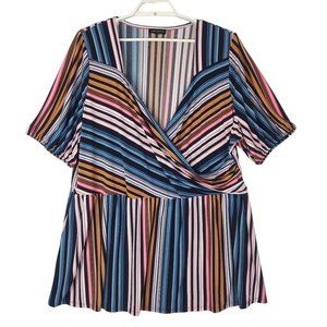 Lane Bryant Womens Top Multicolor Stripes Sz 26 28 Peplum Tunic Faux Wrap